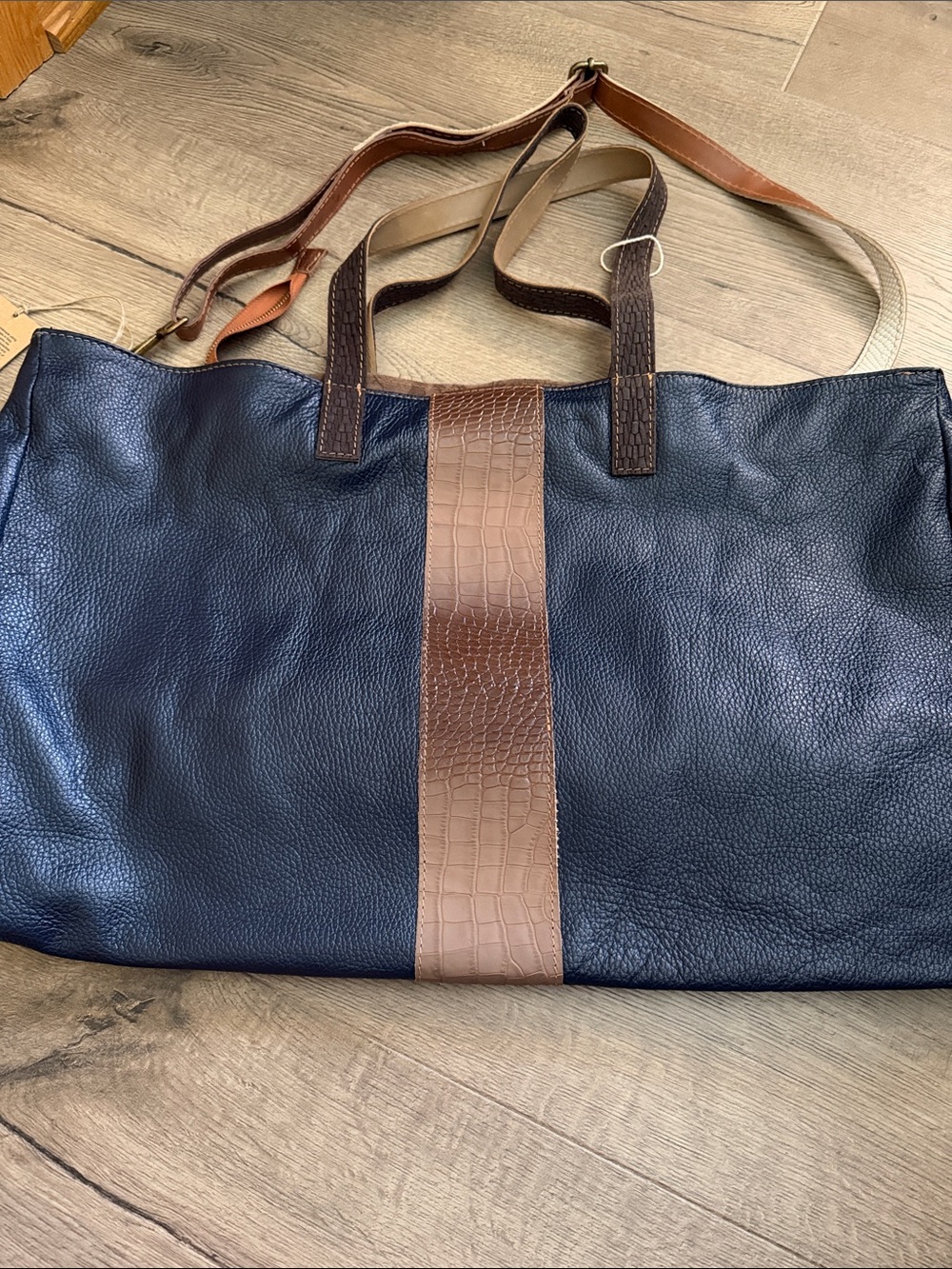 eBarrito Navy Genuine Textured Leather Tote With Copper Sequins Stripe. Rare!